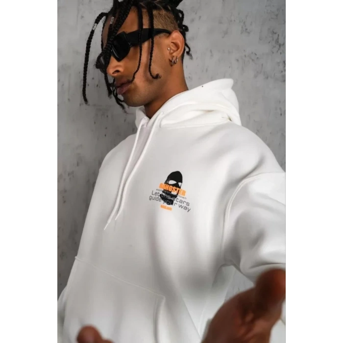 MARSiLYAN- Erkek Kordonlu Maske Baskılı Kapüşonlu Sweat - Beyaz