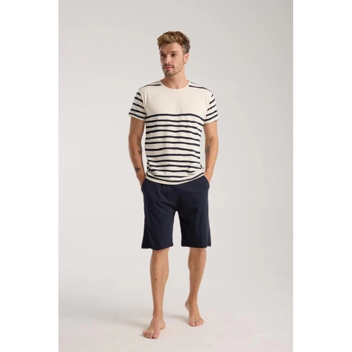 MARSiLYAN- Erkek Krem Sıfır Yaka Kısa Kol Şortlu Pijama Takımı