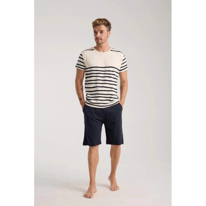 MARSiLYAN- Erkek Krem Sıfır Yaka Kısa Kol Şortlu Pijama Takımı