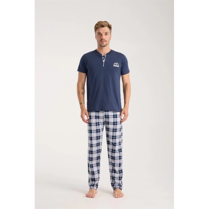 MARSiLYAN- Erkek Lacivert Düğmeli Yaka Kısa Kol Pijama Takımı