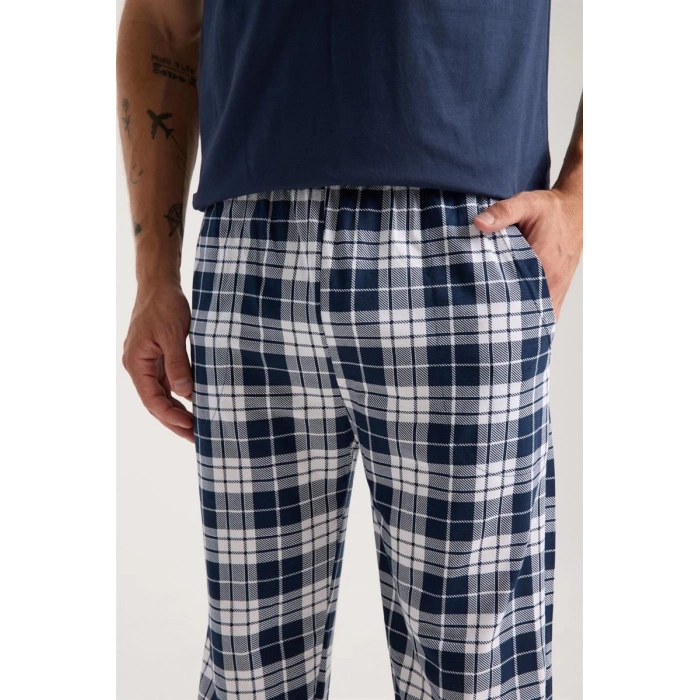 MARSiLYAN- Erkek Lacivert Düğmeli Yaka Kısa Kol Pijama Takımı