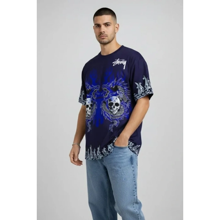 MARSiLYAN- Erkek Lacivert Oversize Tişört Dragon - Kuru Kafa Baskılı Bisiklet Yaka Streetwear T-Shirt - Lacivert