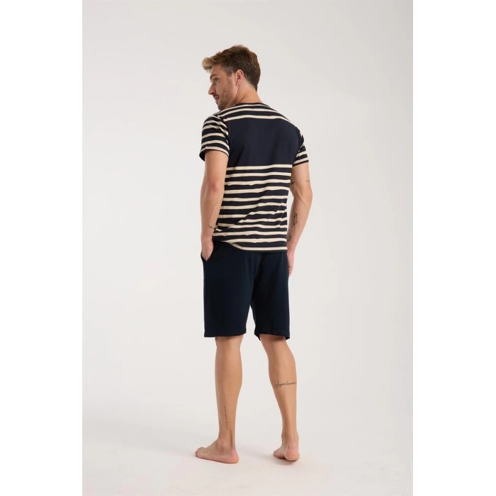 MARSiLYAN- Erkek Lacivert Sıfır Yaka Kısa Kol Şortlu Pijama Takımı