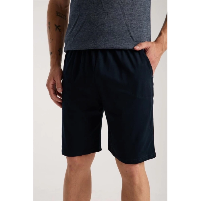 MARSiLYAN- Erkek Lacivert Sıfır Yaka Kısa Kol Şortlu Pijama Takımı