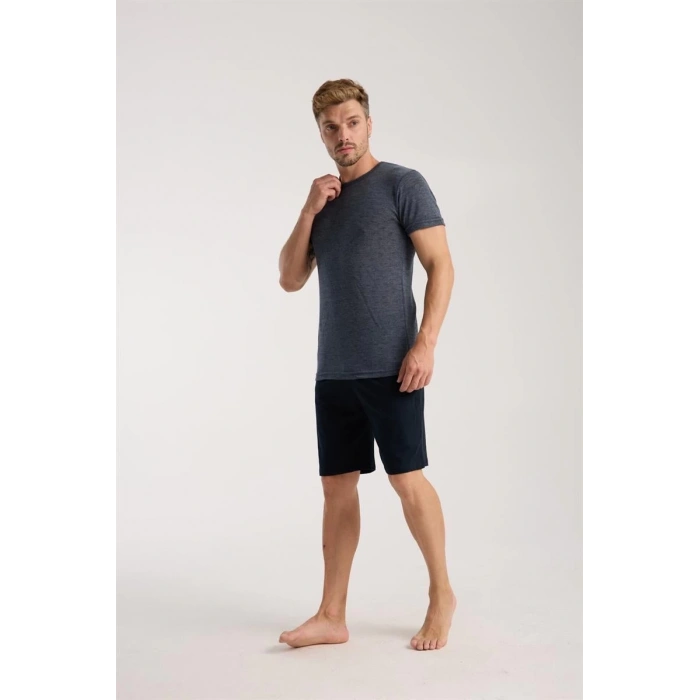 MARSiLYAN- Erkek Lacivert Sıfır Yaka Kısa Kol Şortlu Pijama Takımı