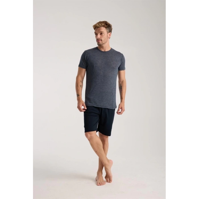 MARSiLYAN- Erkek Lacivert Sıfır Yaka Kısa Kol Şortlu Pijama Takımı