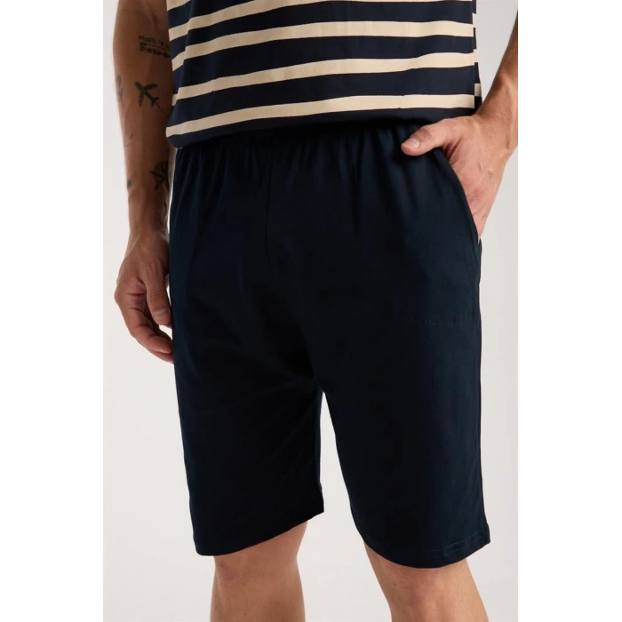 MARSiLYAN- Erkek Lacivert Sıfır Yaka Kısa Kol Şortlu Pijama Takımı