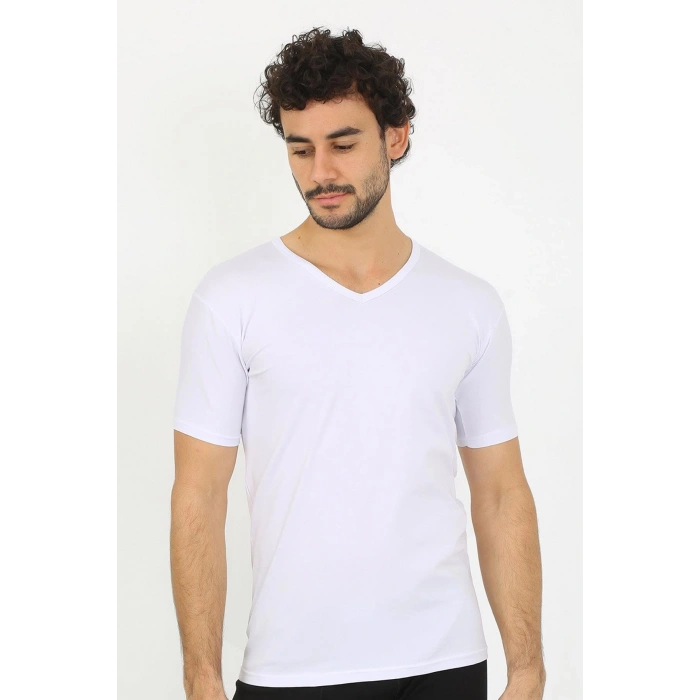 MARSiLYAN- Erkek Likralı V Yaka Beyaz T-Shirt