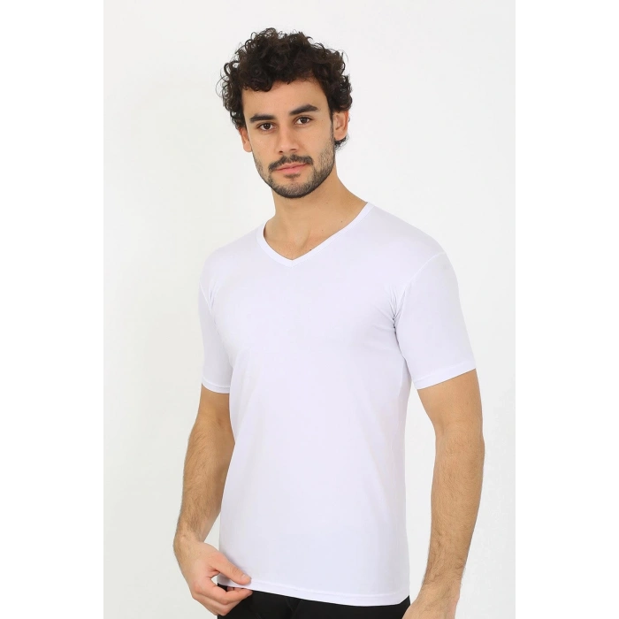 MARSiLYAN- Erkek Likralı V Yaka Beyaz T-Shirt