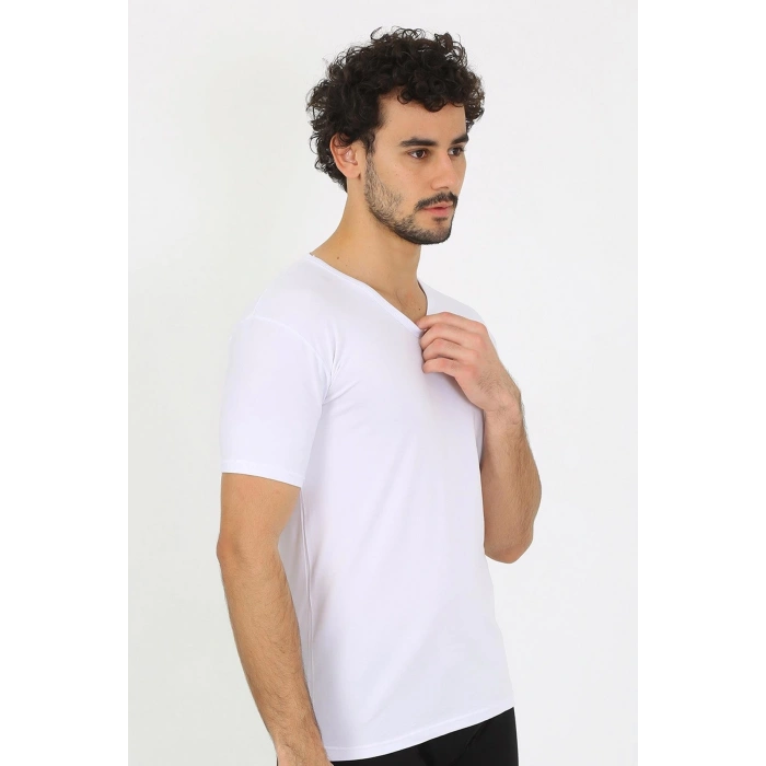 MARSiLYAN- Erkek Likralı V Yaka Beyaz T-Shirt