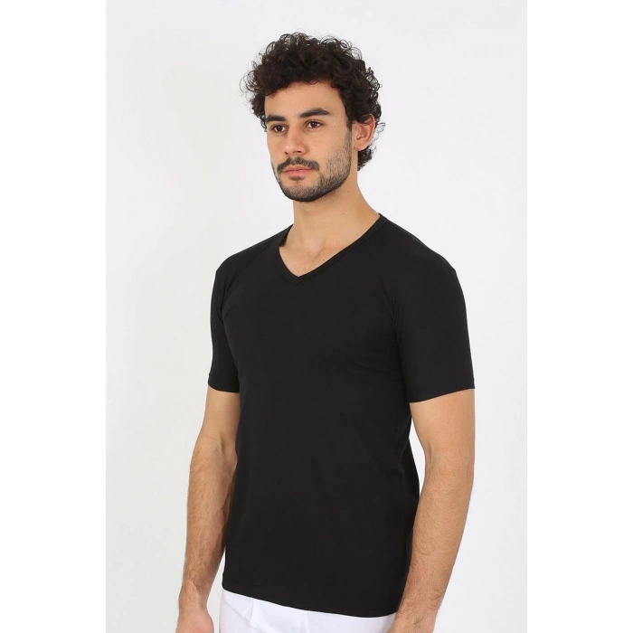 MARSiLYAN- Erkek Likralı V Yaka Siyah T-Shirt