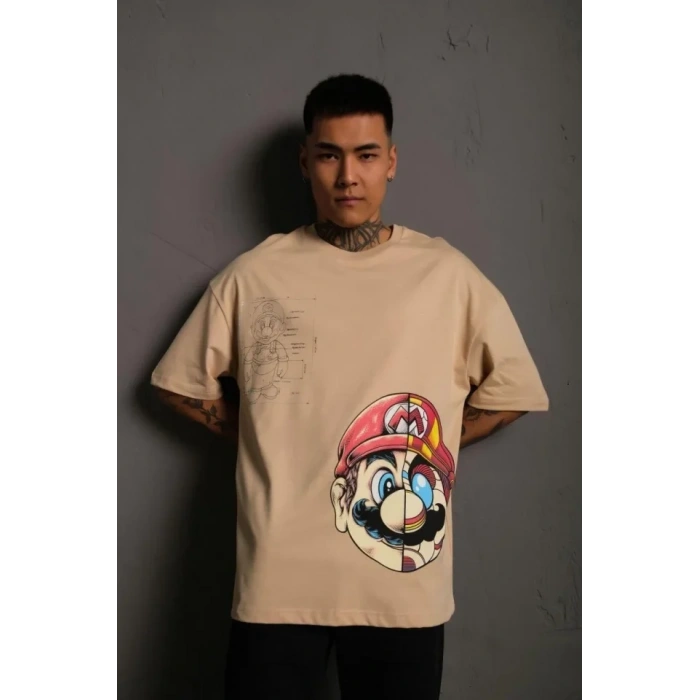 MARSiLYAN- Erkek Mario Baskılı Oversize T-Shirt - Bej