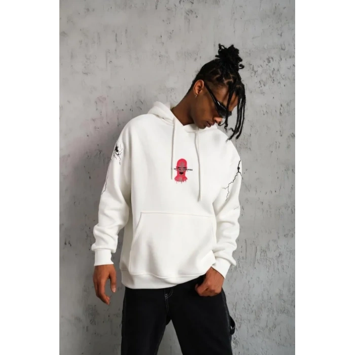 MARSiLYAN- Erkek Maske Baskılı Kapüşonlu Sweat - Beyaz