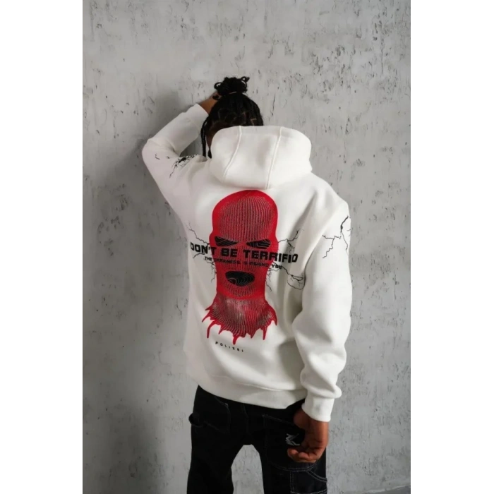 MARSiLYAN- Erkek Maske Baskılı Kapüşonlu Sweat - Beyaz