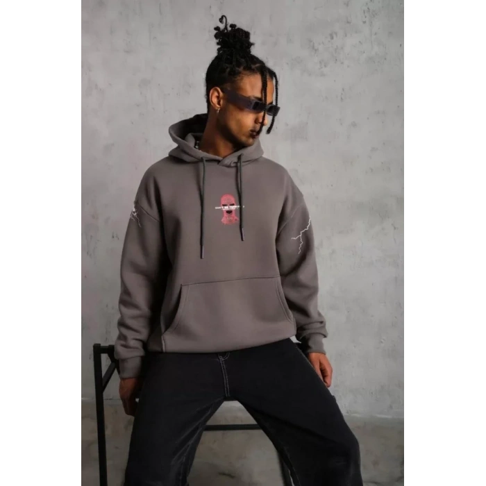 MARSiLYAN- Erkek Maske Baskılı Kapüşonlu Sweat - Gri