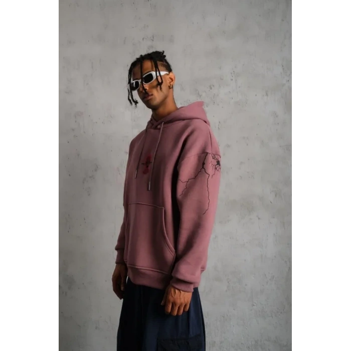 MARSiLYAN- Erkek Maske Baskılı Kapüşonlu Sweat - Gül Kurusu