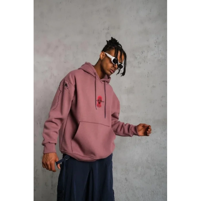 MARSiLYAN- Erkek Maske Baskılı Kapüşonlu Sweat - Gül Kurusu