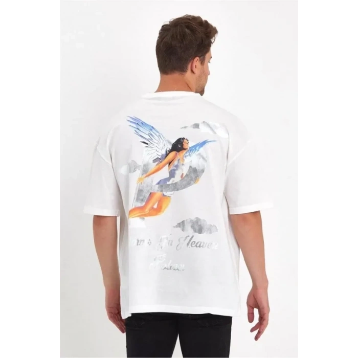 MARSiLYAN- Erkek Melek Baskılı Oversize T-shirt - Beyaz