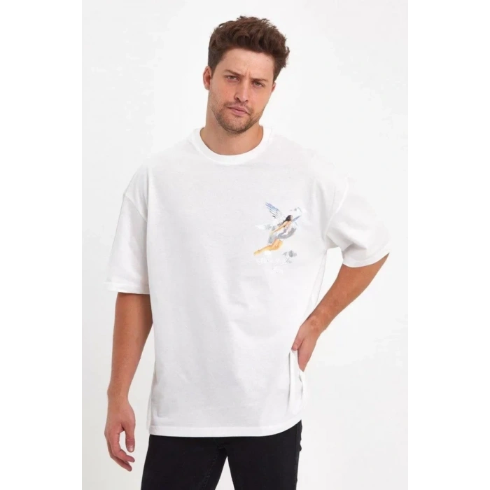 MARSiLYAN- Erkek Melek Baskılı Oversize T-shirt - Beyaz