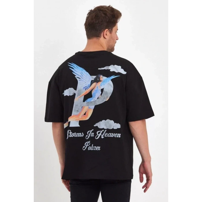 MARSiLYAN- Erkek Melek Baskılı Oversize T-shirt - Siyah