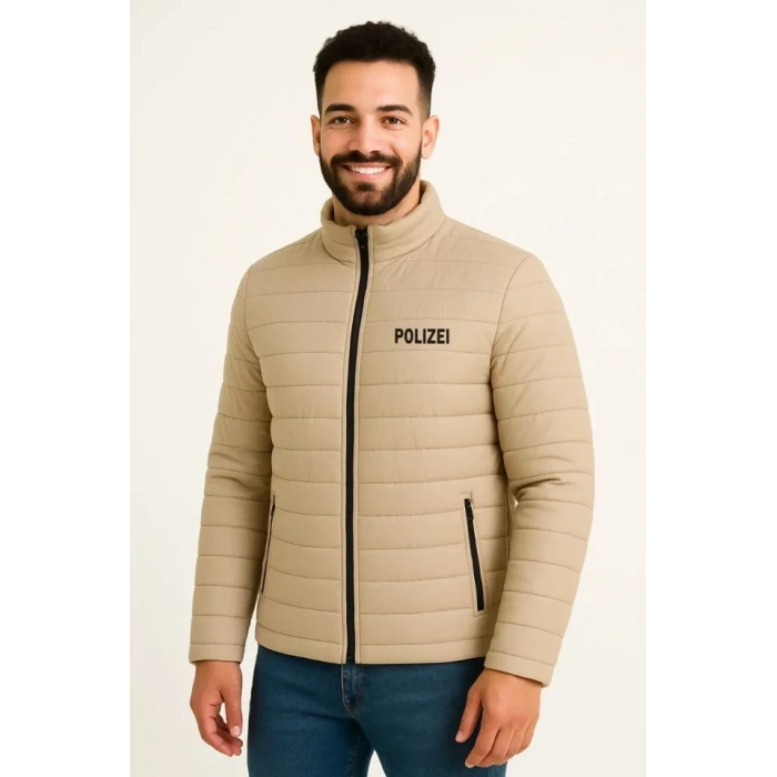 MARSiLYAN- Erkek Mikro Su İtici Kapitone Baskılı Astarlı Fermuarlı Bomber Mont - Bej