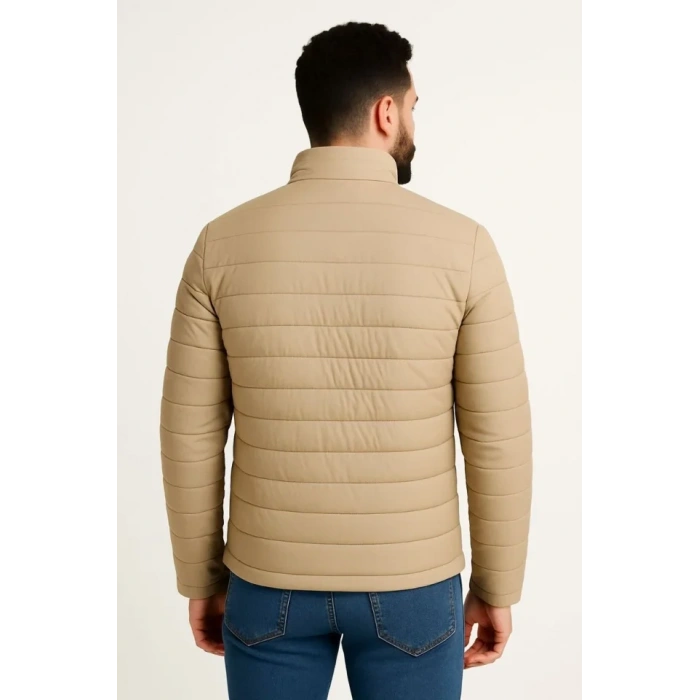 MARSiLYAN- Erkek Mikro Su İtici Kapitone Baskılı Astarlı Fermuarlı Bomber Mont - Bej