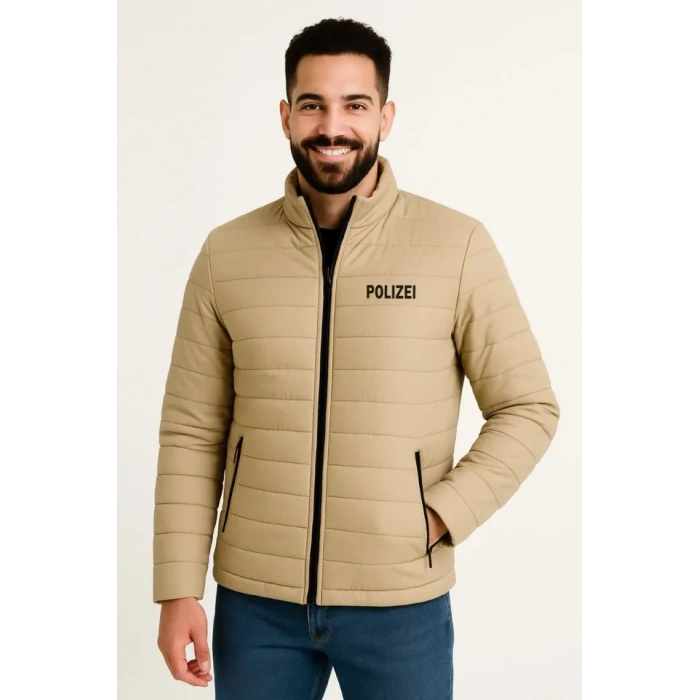 MARSiLYAN- Erkek Mikro Su İtici Kapitone Baskılı Astarlı Fermuarlı Bomber Mont - Bej