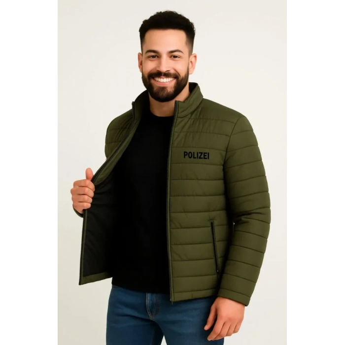 MARSiLYAN- Erkek Mikro Su İtici Kapitone Baskılı Astarlı Fermuarlı Bomber Mont - Haki