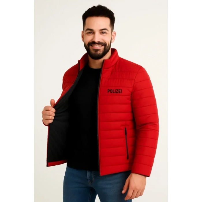 MARSiLYAN- Erkek Mikro Su İtici Kapitone Baskılı Astarlı Fermuarlı Bomber Mont - Kırmızı