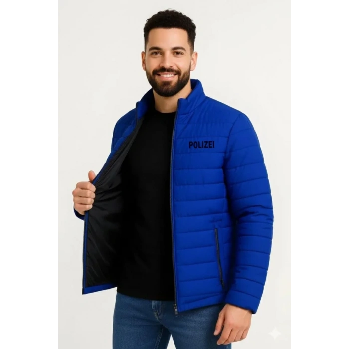 MARSiLYAN- Erkek Mikro Su İtici Kapitone Baskılı Astarlı Fermuarlı Bomber Mont - Saks Mavisi