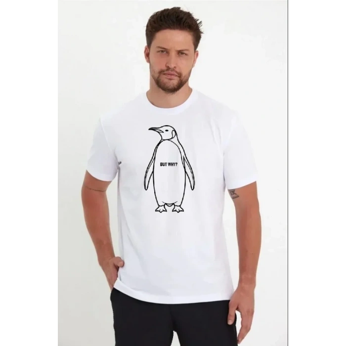 MARSiLYAN- Erkek Nihilist Penguen Özel Tasarım Oversize Bisiklet Yaka Tişört - Beyaz