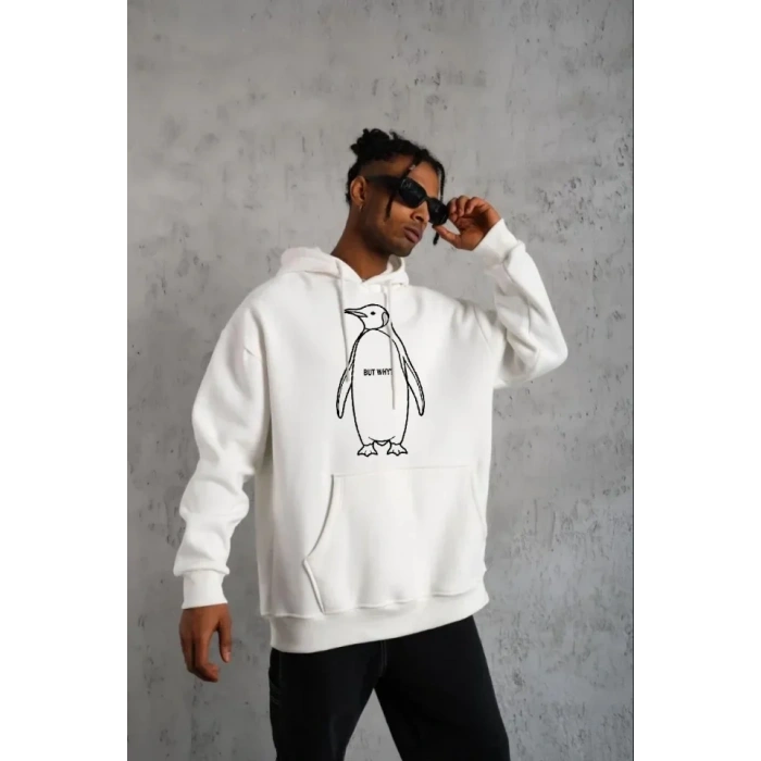 MARSiLYAN- Erkek Nihilist Penguen Özel Tasarım Oversize Kapüşonlu Sweatshirt - Beyaz
