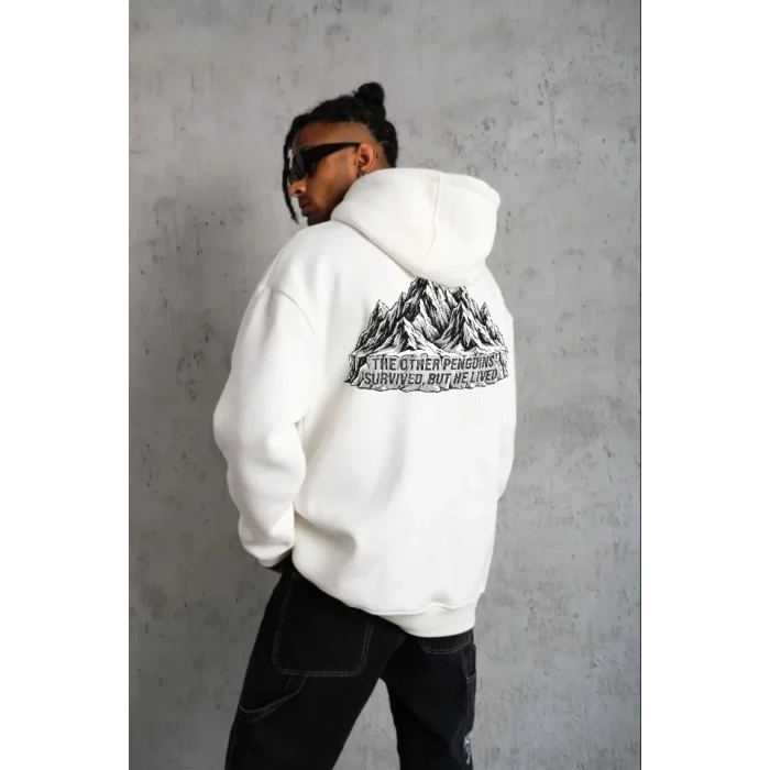 MARSiLYAN- Erkek Nihilist Penguen Temalı Oversize Kapüşonlu Sweatshirt - Beyaz