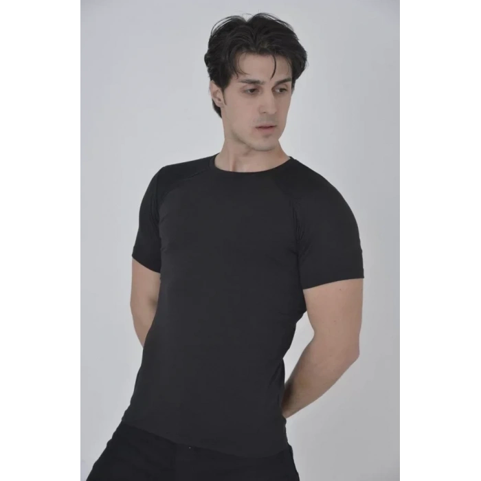 MARSiLYAN- Erkek Omuz Fileli Slim Fit T-shirt - Siyah