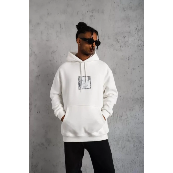 MARSiLYAN- Erkek Ön Arka Baskılı Kapşonlu Sweat - Beyaz