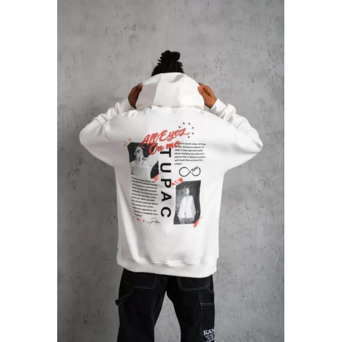 MARSiLYAN- Erkek Ön Arka Baskılı Kapşonlu Sweat - Beyaz