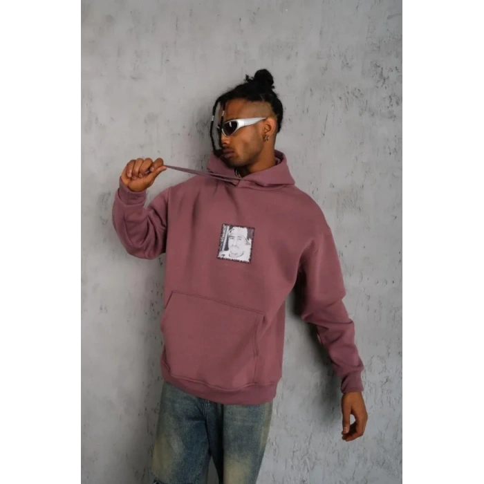 MARSiLYAN- Erkek Ön Arka Baskılı Kapşonlu Sweat - Gül Kurusu