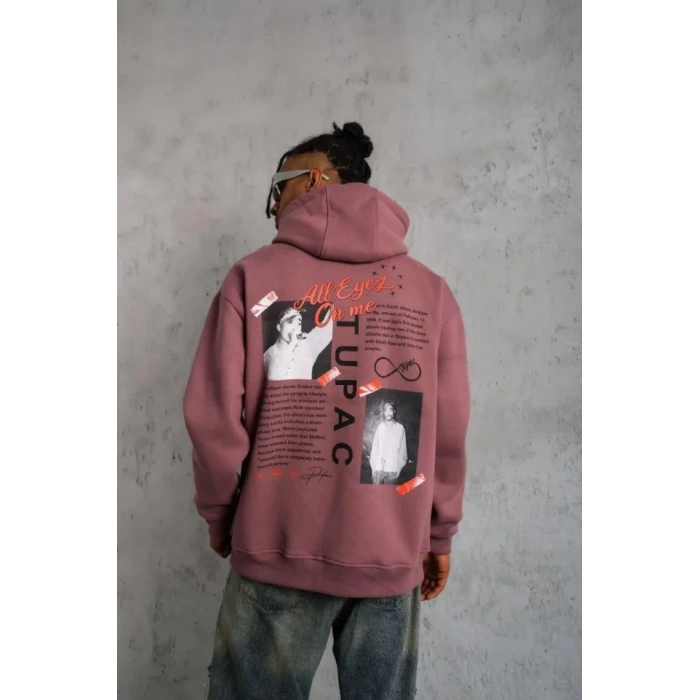 MARSiLYAN- Erkek Ön Arka Baskılı Kapşonlu Sweat - Gül Kurusu