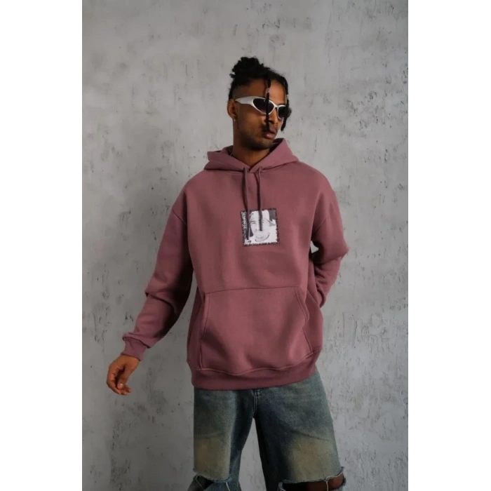 MARSiLYAN- Erkek Ön Arka Baskılı Kapşonlu Sweat - Gül Kurusu