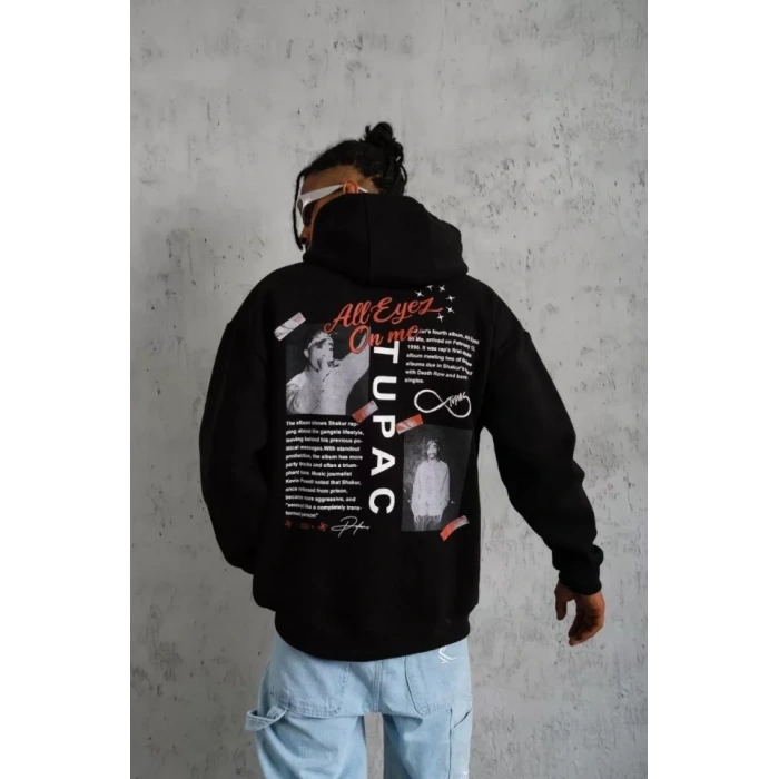 MARSiLYAN- Erkek Ön Arka Baskılı Kapşonlu Sweat - Siyah