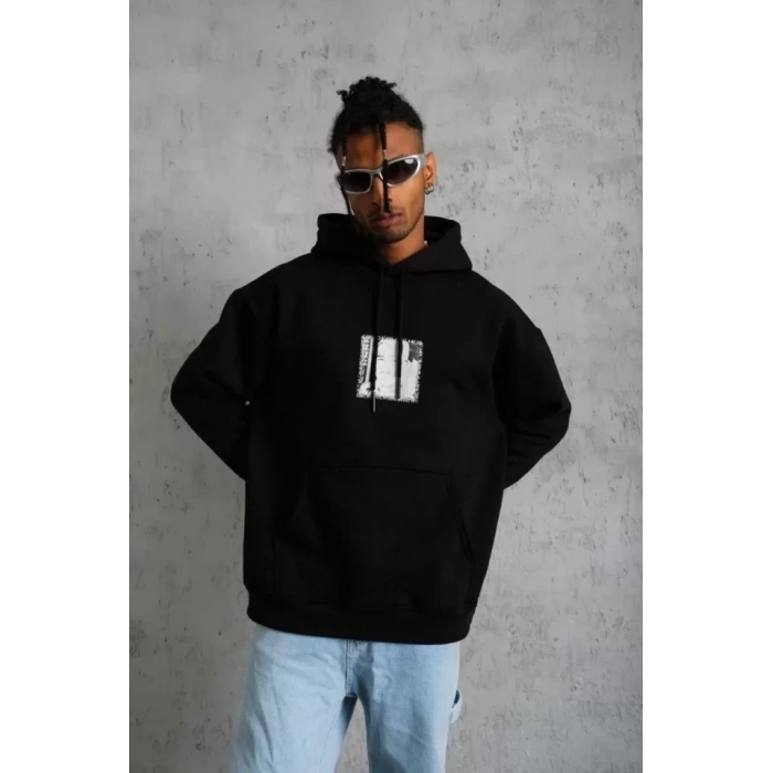MARSiLYAN- Erkek Ön Arka Baskılı Kapşonlu Sweat - Siyah