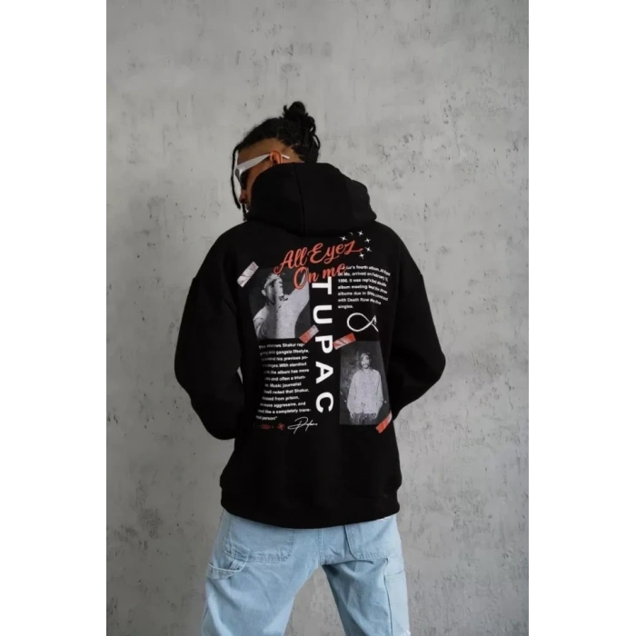 MARSiLYAN- Erkek Ön Arka Baskılı Kapşonlu Sweat - Siyah