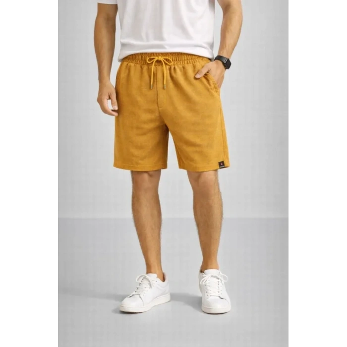 MARSiLYAN- Erkek Otoban Dokuma Şort Beli Lastikli Bağcıklı, Cepli, Rahat Kesim Günlük Yazlık Şort - Hardal