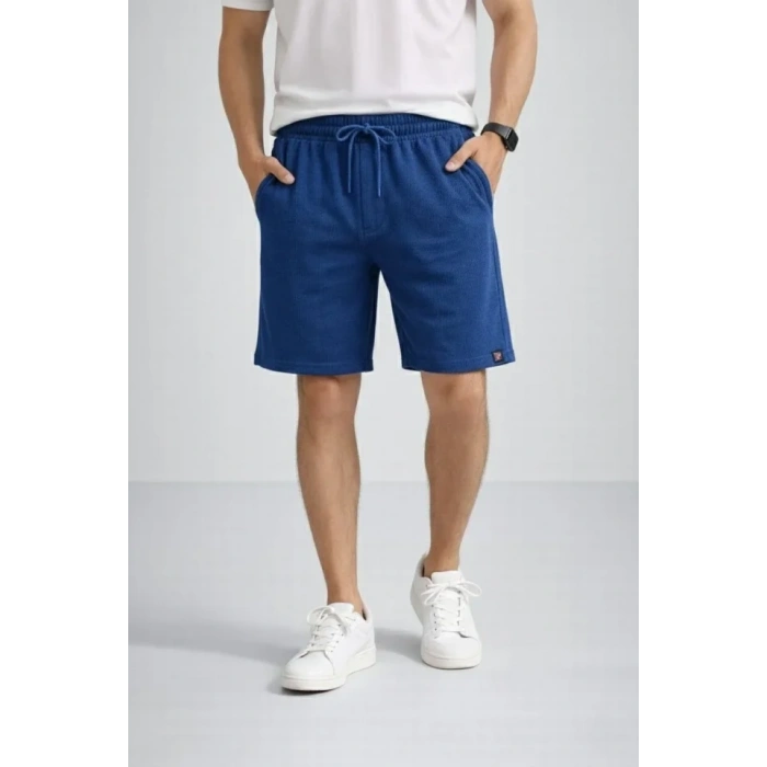 MARSiLYAN- Erkek Otoban Dokuma Şort Beli Lastikli Bağcıklı, Cepli, Rahat Kesim Günlük Yazlık Şort - İndigo