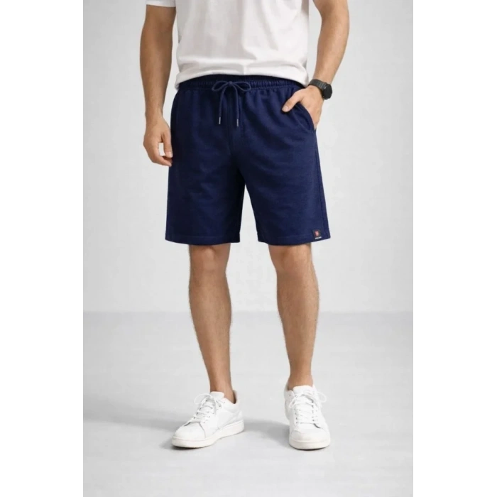 MARSiLYAN- Erkek Otoban Dokuma Şort Beli Lastikli Bağcıklı, Cepli, Rahat Kesim Günlük Yazlık Şort - Lacivert