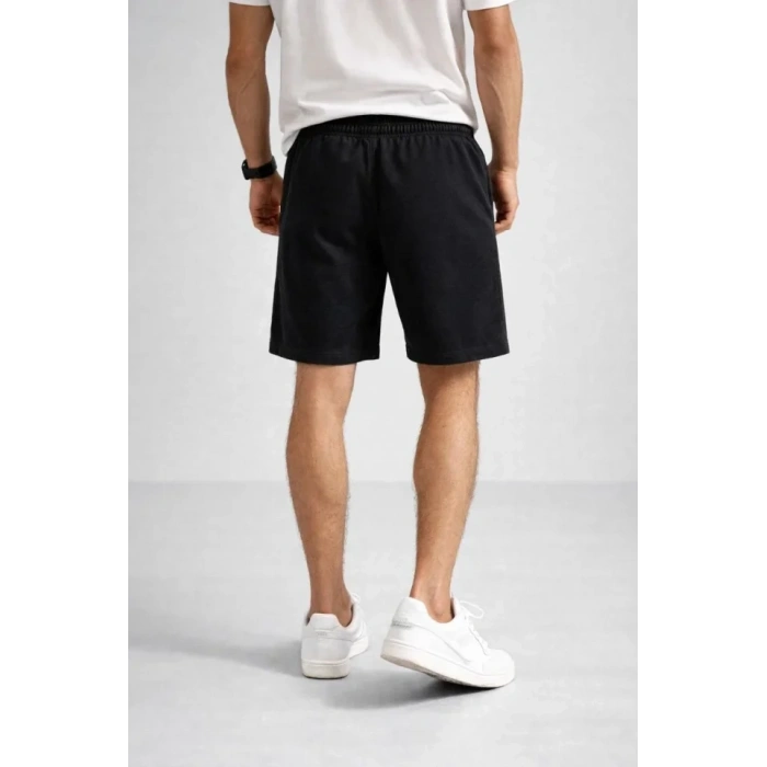 MARSiLYAN- Erkek Otoban Dokuma Şort Beli Lastikli Bağcıklı, Cepli, Rahat Kesim Günlük Yazlık Şort - Siyah