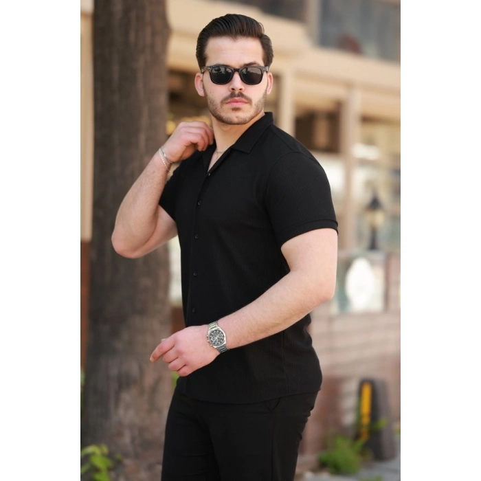 MARSiLYAN- Erkek Ottoman Kumaş Apaj Yaka Kısa Kollu Gömlek