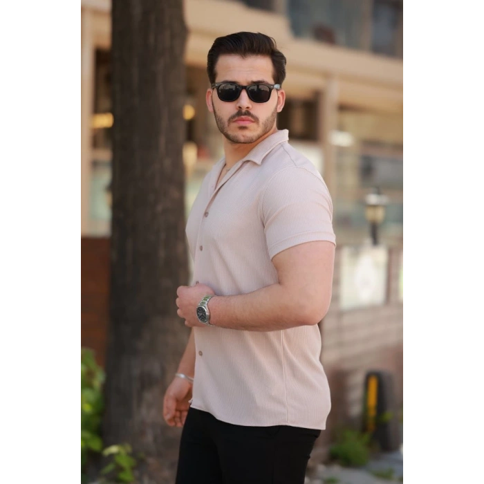 MARSiLYAN- Erkek Ottoman Kumaş Apaj Yaka Kısa Kollu Gömlek