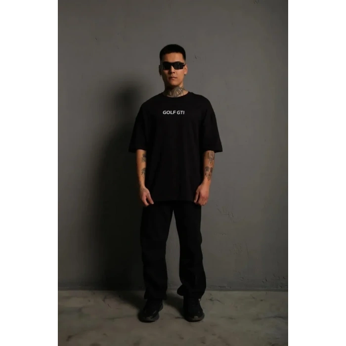 MARSiLYAN- Erkek Oversize Baskılı Tişört – Golf GTI Retro Araba Desenli, Ön - Arka Dijital Baskı, Sokak Modası Stil - Siyah