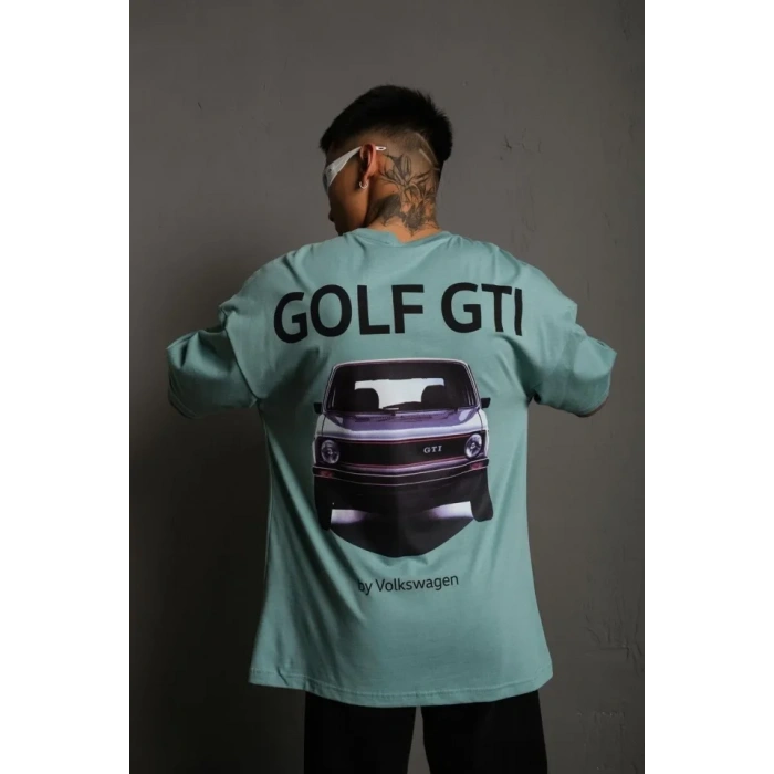 MARSiLYAN- Erkek Oversize Baskılı Tişört – Golf GTI Retro Araba Desenli, Ön - Arka Dijital Baskı, Sokak Modası Stil - Mint Yeşili